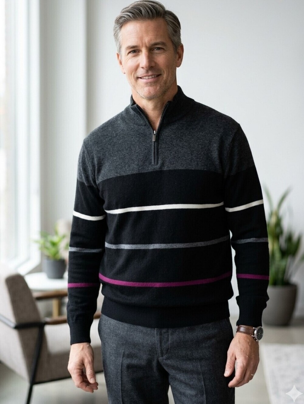 SERICA Striped Men's 1/4 Zip Sweater, Made in Italy, Size Large
